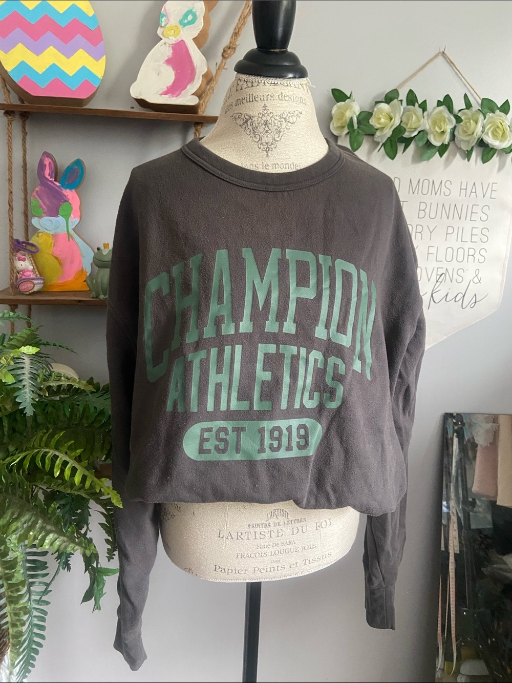 Champion 2XL Crewneck Sweatshirt - Charcoal with Mint Green Graphic